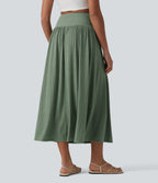 Ribbed Knit High Waisted Tummy Control Flowy Midi Casual Linen-Blend Skirt — Sage Green Ribbed — view 2