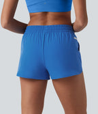 Mid Rise Drawstring Curved Hem Built-in Underwear Quick Dry Running Shorts with Pockets — Nebulas Blue — view 3