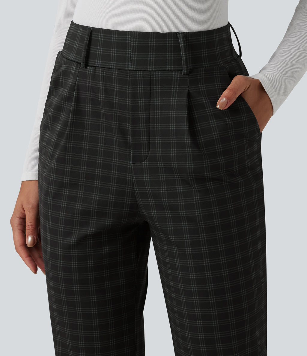 High Waisted Plaid Tapered Work Trousers with Pockets — Charcoal Haze — view 5