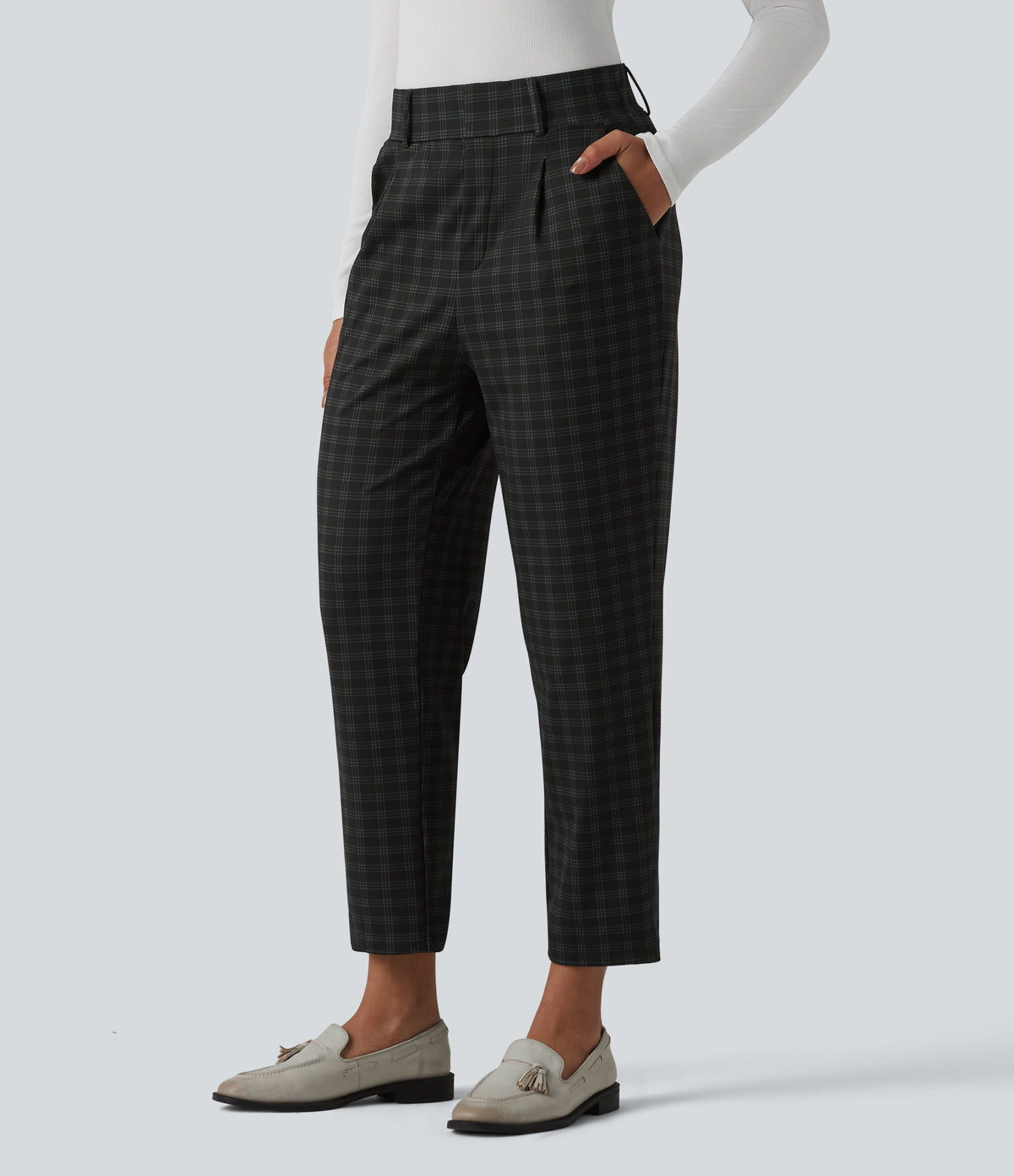 High Waisted Plaid Tapered Work Trousers with Pockets — Charcoal Haze — view 3