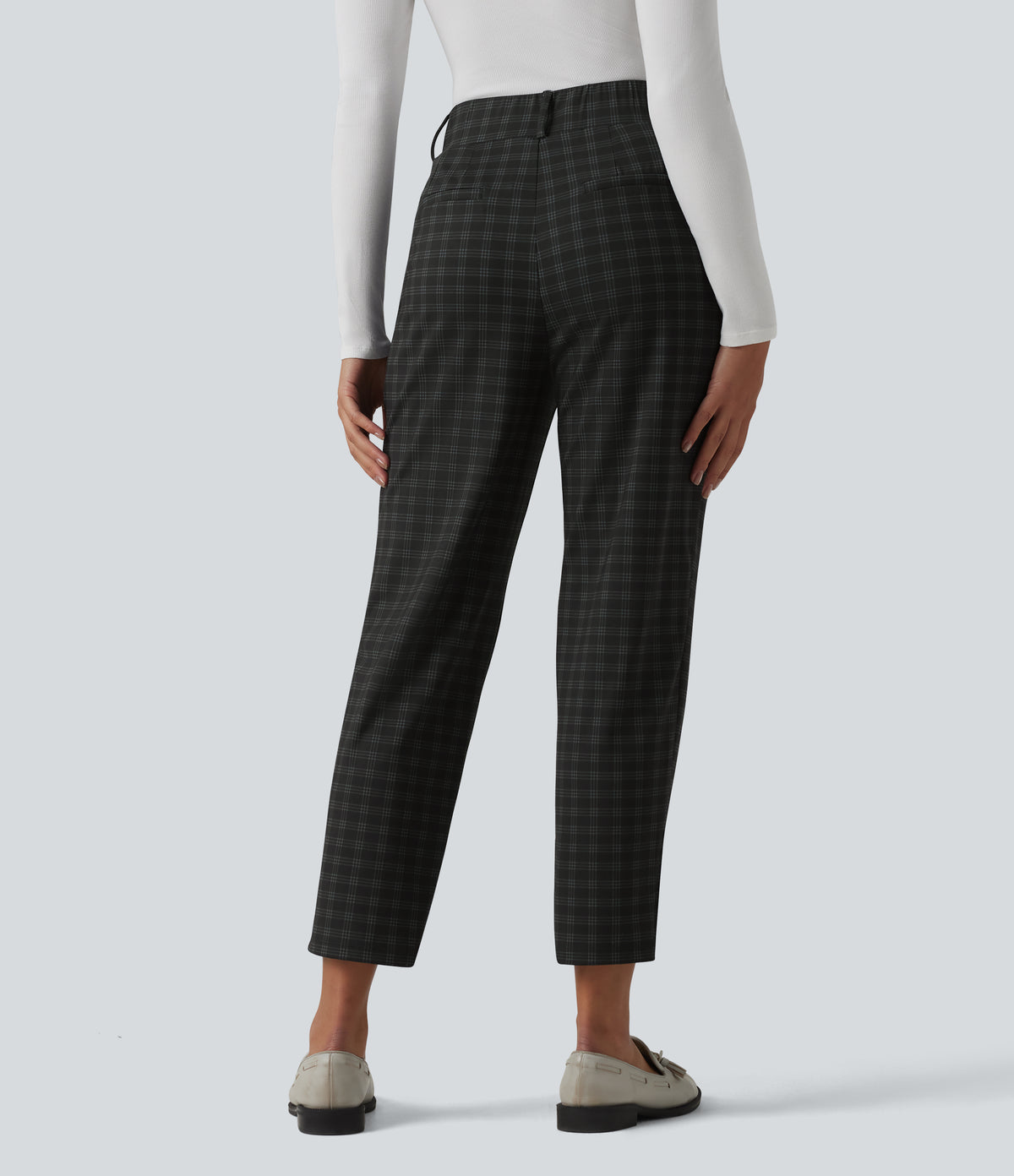 High Waisted Plaid Tapered Work Trousers with Pockets — Charcoal Haze — view 2