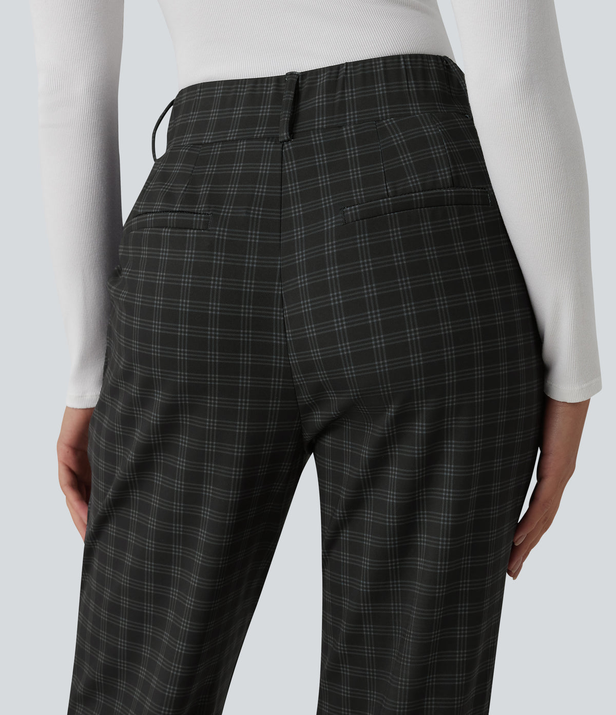 High Waisted Plaid Tapered Work Trousers with Pockets — Charcoal Haze — view 4