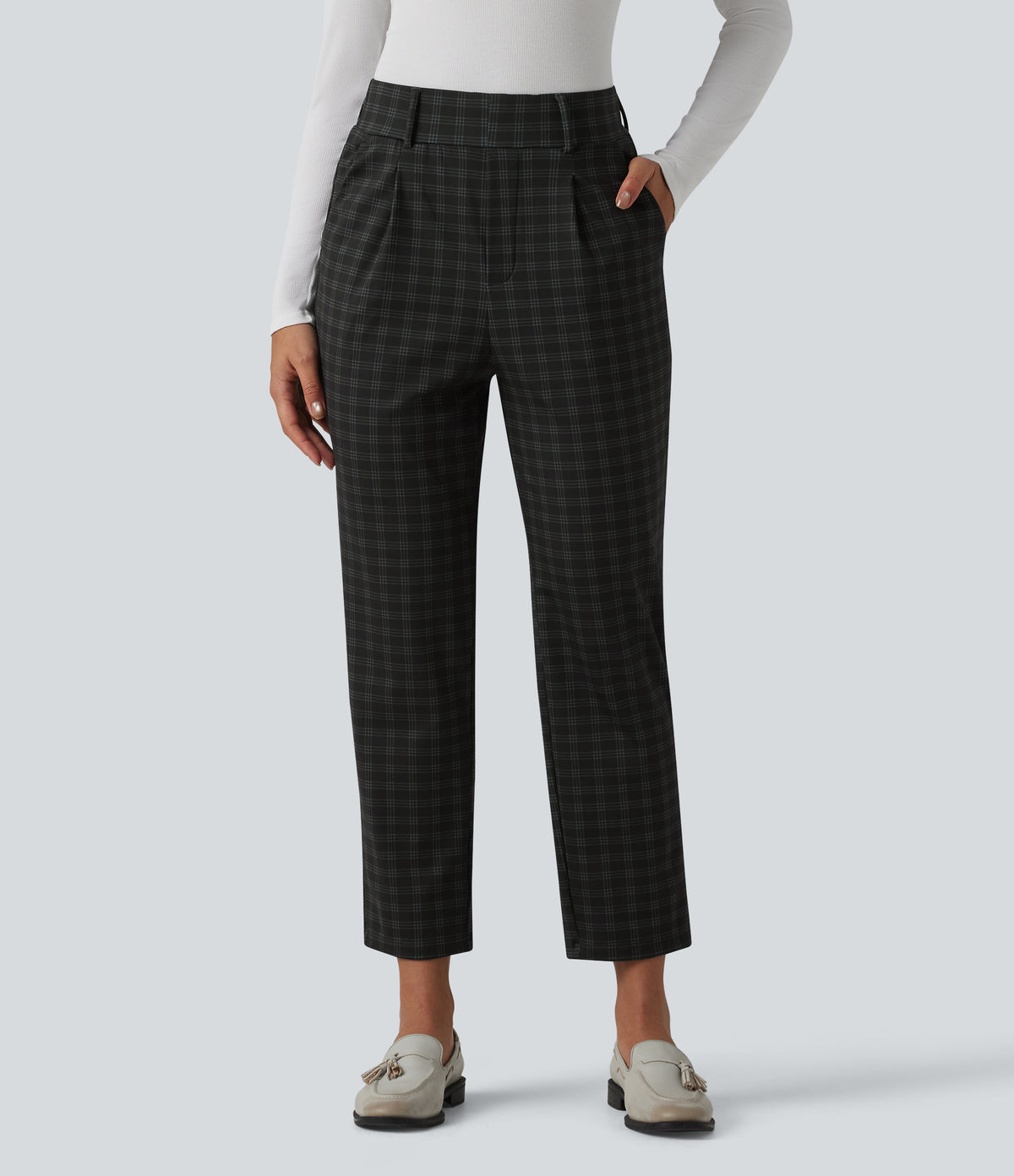 High Waisted Plaid Tapered Work Trousers with Pockets — Charcoal Haze — view 1