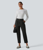 High Waisted Plaid Tapered Work Trousers with Pockets — Charcoal Haze — view 6