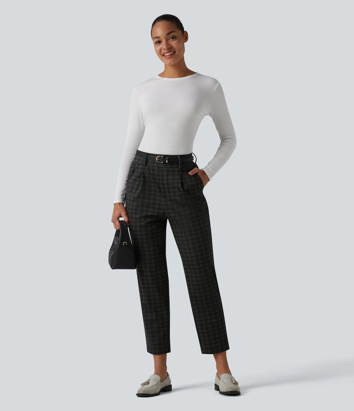 High Waisted Plaid Tapered Work Trousers with Pockets — Charcoal Haze — view 6