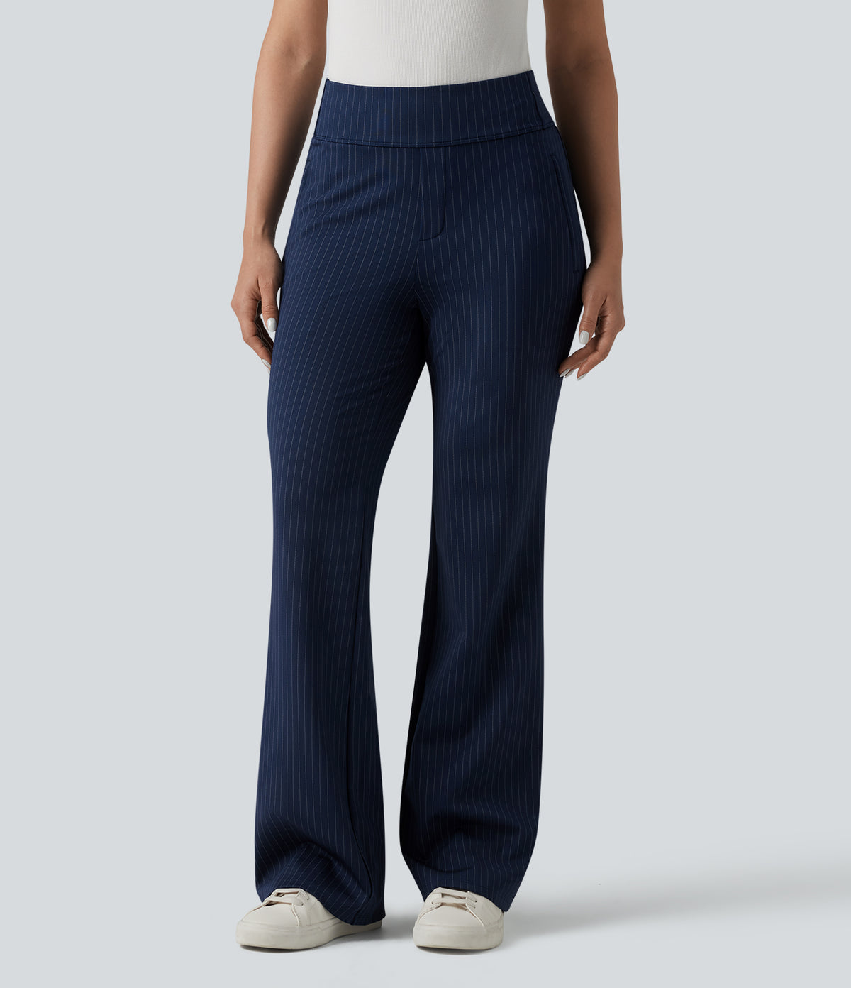 Mid Rise Stripe Work Flare Trousers with Pockets — Deep Current — view 3