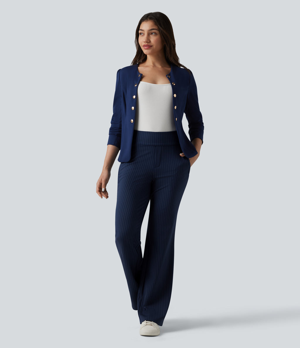 Mid Rise Stripe Work Flare Trousers with Pockets — Deep Current — view 6
