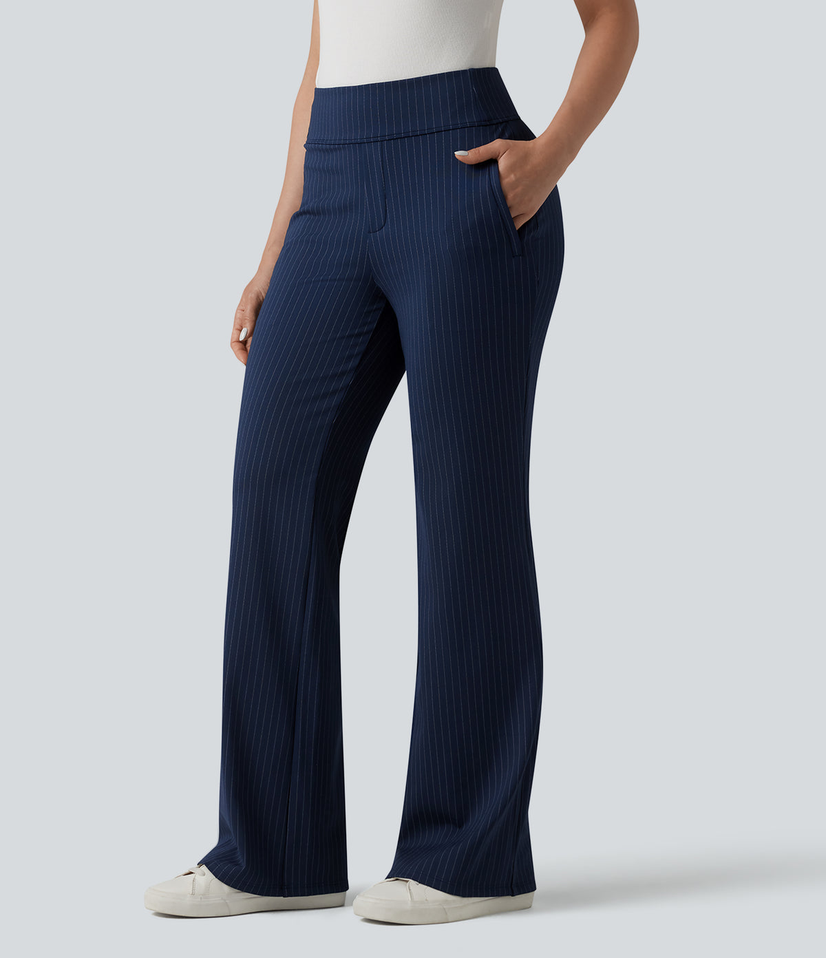 Mid Rise Stripe Work Flare Trousers with Pockets — Deep Current — view 1