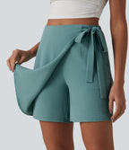 High Waisted Tie-side Linen-Feel Casual Skort — Mineral Blue — view 4