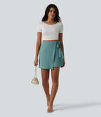High Waisted Tie-side Linen-Feel Casual Skort — Mineral Blue — view 7
