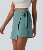 High Waisted Tie-side Linen-Feel Casual Skort — Mineral Blue — view 3