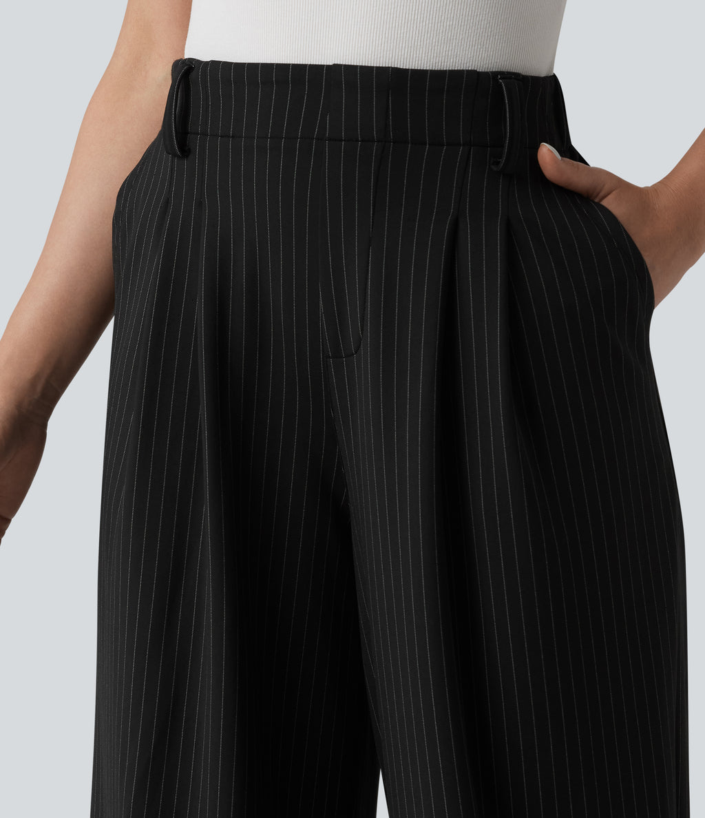 High Waisted Stripes Work Wide Leg Trousers with Pockets — Gunmetal Pinstripe — view 4