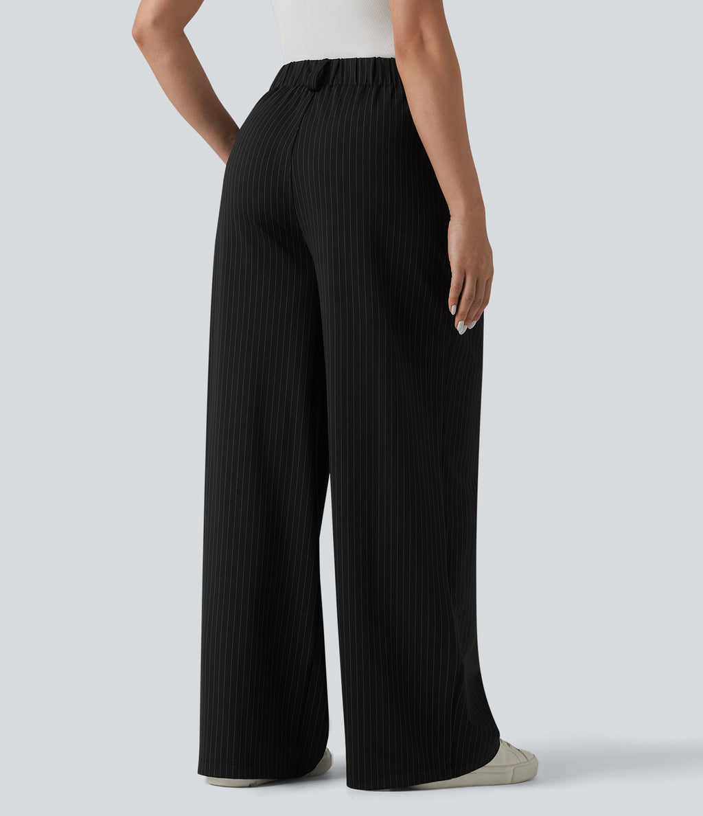 High Waisted Stripes Work Wide Leg Trousers with Pockets — Gunmetal Pinstripe — view 2