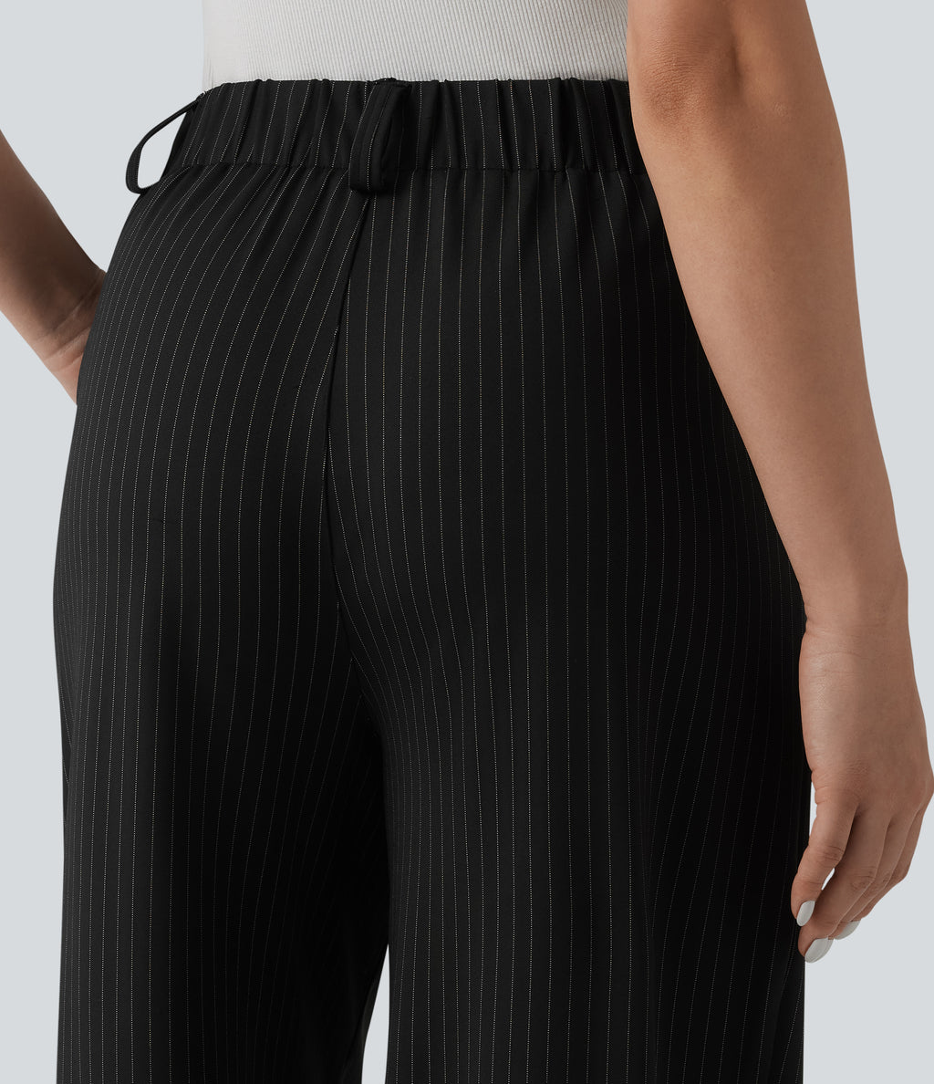 High Waisted Stripes Work Wide Leg Trousers with Pockets — Gunmetal Pinstripe — view 5