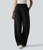 High Waisted Stripes Work Wide Leg Trousers with Pockets — Gunmetal Pinstripe — view 3