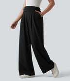 High Waisted Stripes Work Wide Leg Trousers with Pockets — Gunmetal Pinstripe — view 1