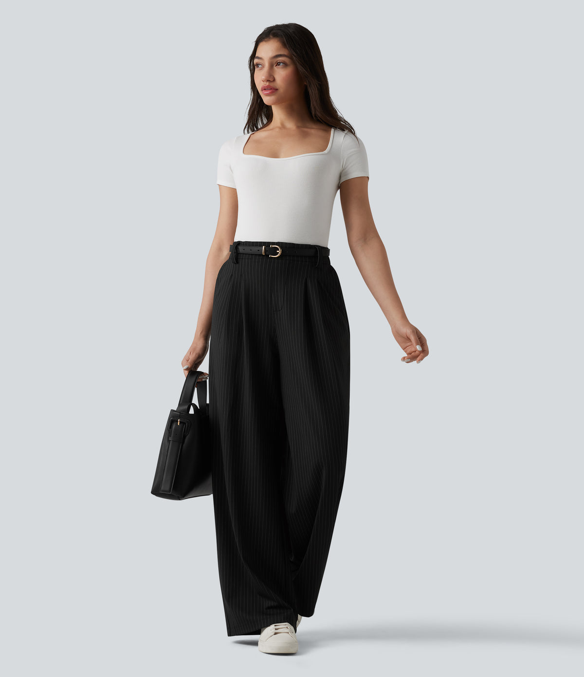 High Waisted Stripes Work Wide Leg Trousers with Pockets — Gunmetal Pinstripe — view 6
