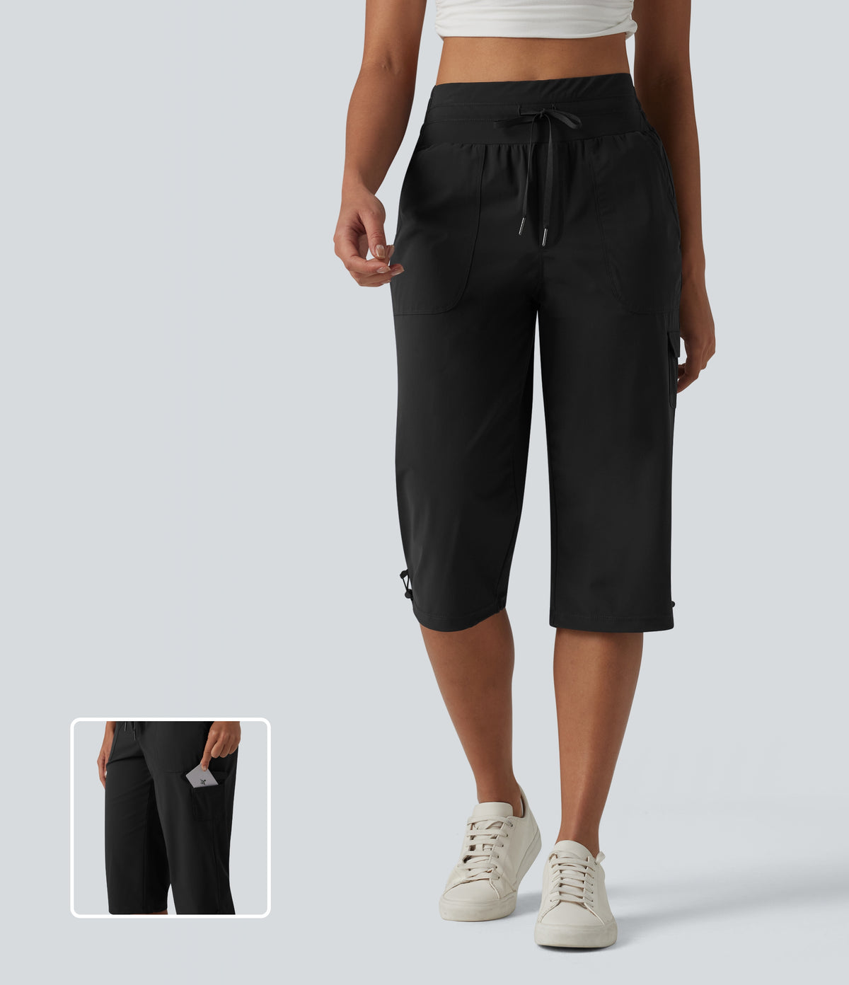 Mid Rise Drawstring Straight Leg Quick Dry InstantCool Capri Casual Trousers with Pockets-UPF40+ — Black — view 1