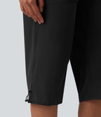 Mid Rise Drawstring Straight Leg Quick Dry InstantCool Capri Casual Trousers with Pockets-UPF40+ — Black — view 6