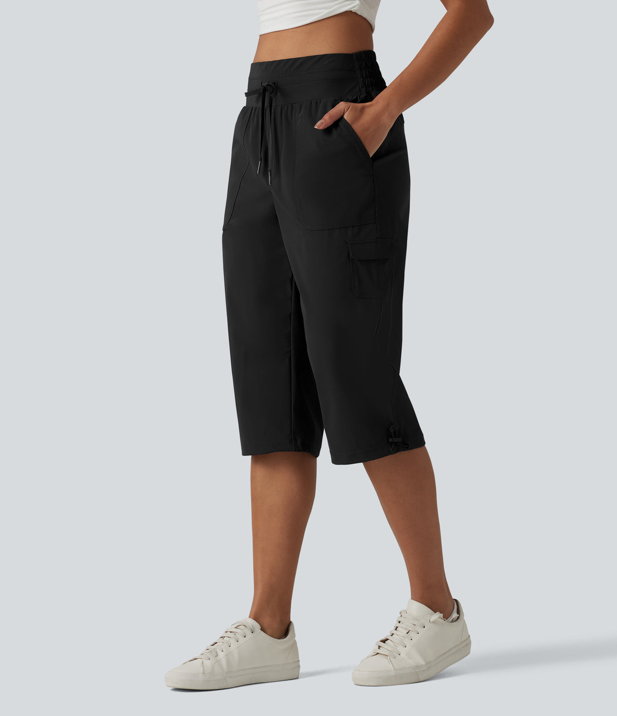 Mid Rise Drawstring Straight Leg Quick Dry InstantCool Capri Casual Trousers with Pockets-UPF40+ — Black — view 3
