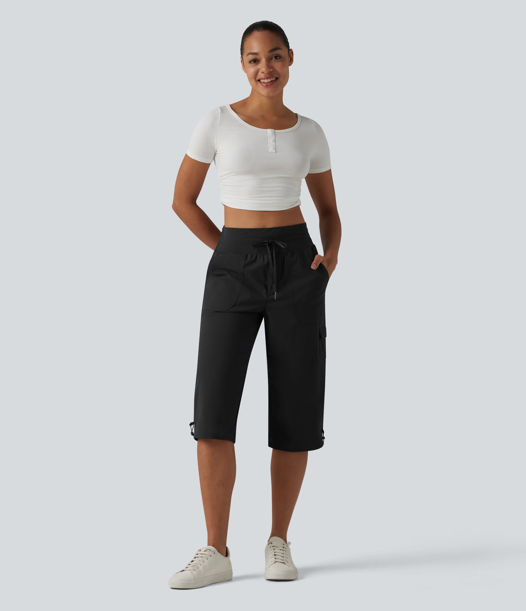 Mid Rise Drawstring Straight Leg Quick Dry InstantCool Capri Casual Trousers with Pockets-UPF40+ — Black — view 7
