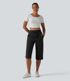 Mid Rise Drawstring Straight Leg Quick Dry InstantCool Capri Casual Trousers with Pockets-UPF40+ — Black — view 7