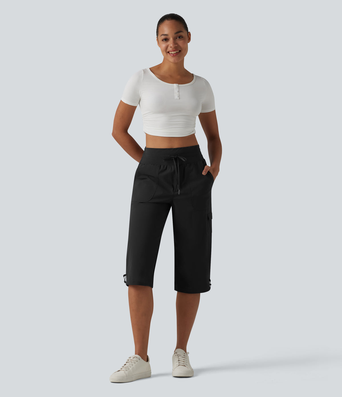 Mid Rise Drawstring Straight Leg Quick Dry InstantCool Capri Casual Trousers with Pockets-UPF40+ — Black — view 7