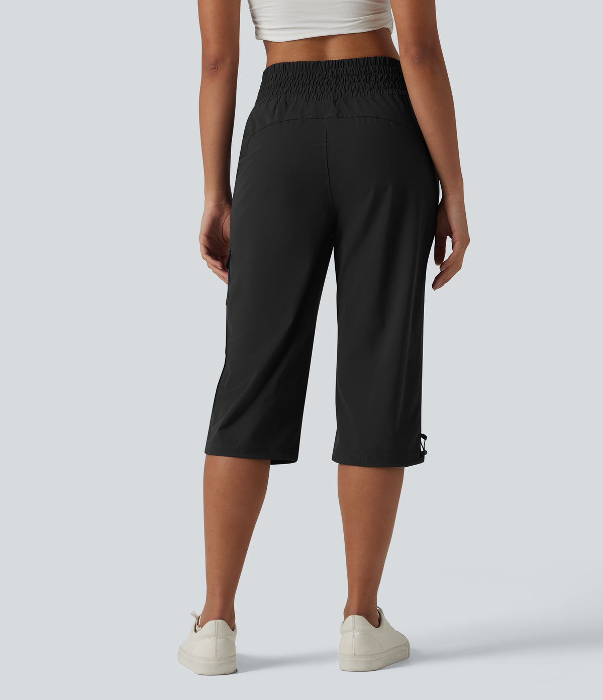 Mid Rise Drawstring Straight Leg Quick Dry InstantCool Capri Casual Trousers with Pockets-UPF40+ — Black — view 2