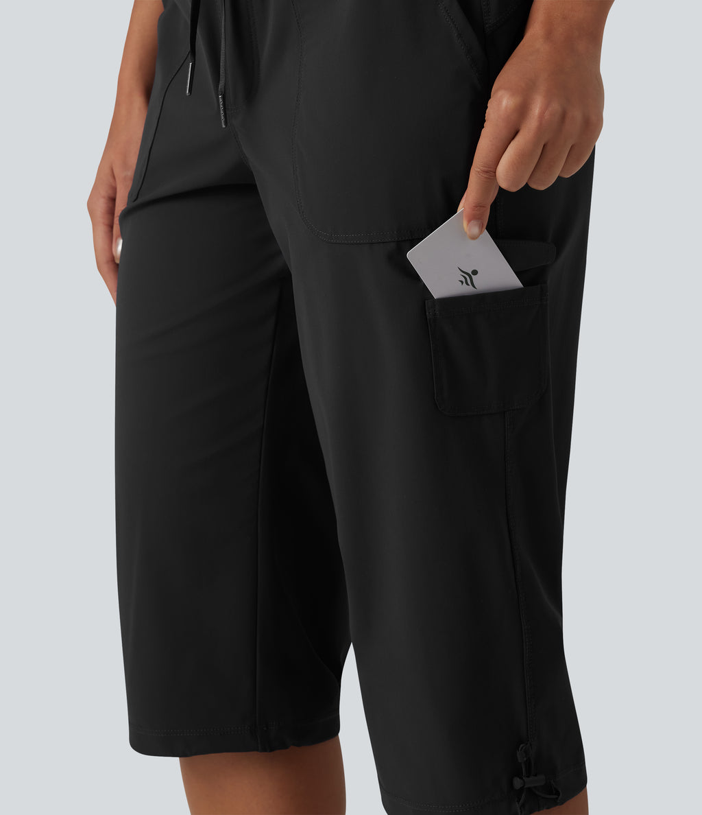 Mid Rise Drawstring Straight Leg Quick Dry InstantCool Capri Casual Trousers with Pockets-UPF40+ — Black — view 5