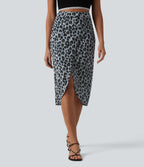 High Waisted Ruched Midi Leopard Print Waffle Casual Tulip Skirt — Frosted Panther — view 1