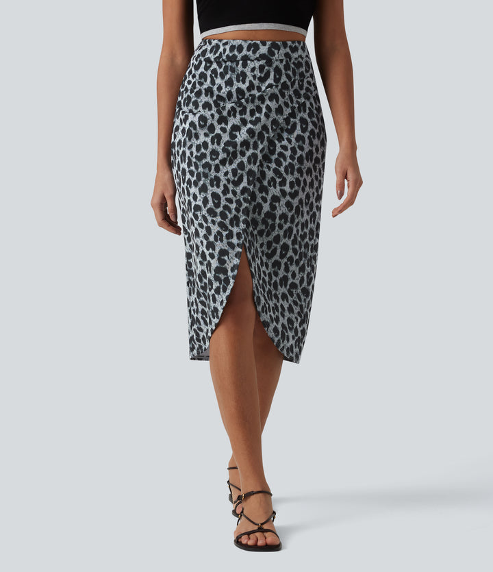 High Waisted Ruched Midi Leopard Print Waffle Casual Tulip Skirt — Frosted Panther — view 1