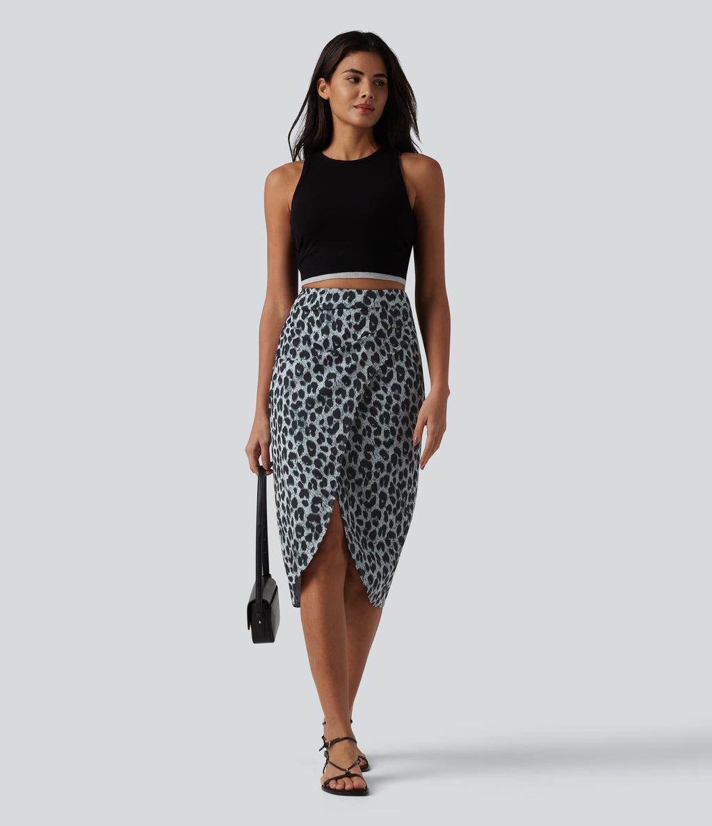 High Waisted Ruched Midi Leopard Print Waffle Casual Tulip Skirt — Frosted Panther — view 5