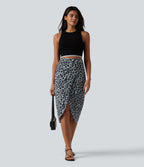 High Waisted Ruched Midi Leopard Print Waffle Casual Tulip Skirt — Frosted Panther — view 5
