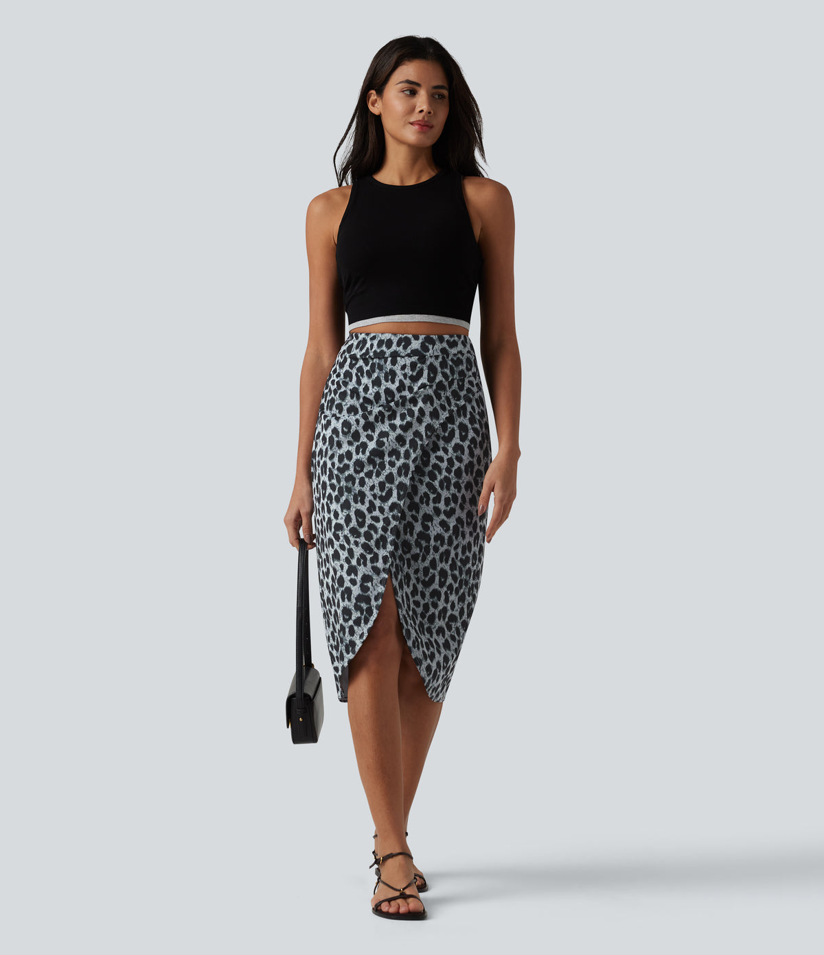 High Waisted Ruched Midi Leopard Print Waffle Casual Tulip Skirt — Frosted Panther — view 5