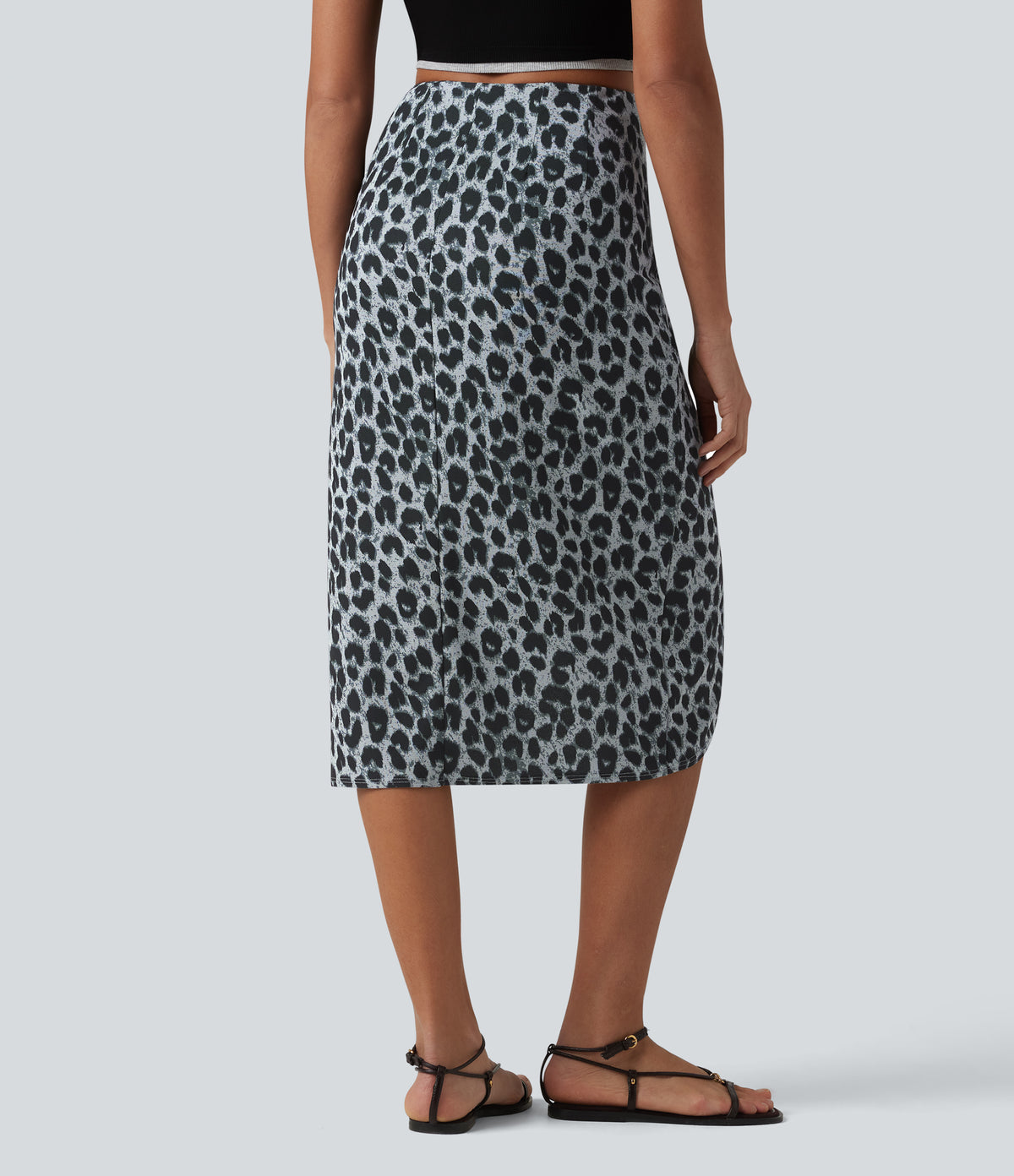 High Waisted Ruched Midi Leopard Print Waffle Casual Tulip Skirt — Frosted Panther — view 3