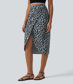 High Waisted Ruched Midi Leopard Print Waffle Casual Tulip Skirt — Frosted Panther — view 2