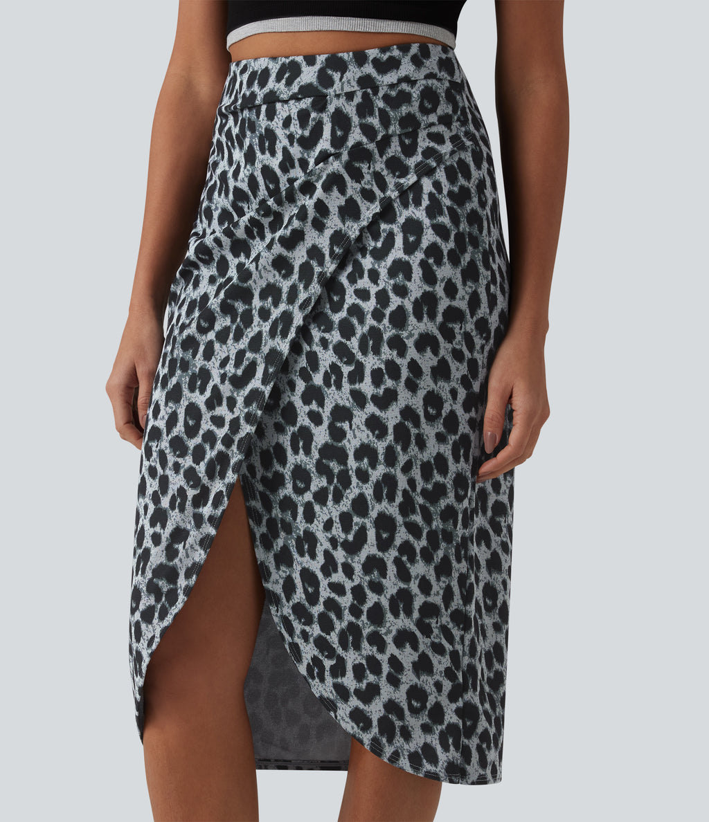 High Waisted Ruched Midi Leopard Print Waffle Casual Tulip Skirt — Frosted Panther — view 4