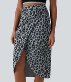 High Waisted Ruched Midi Leopard Print Waffle Casual Tulip Skirt — Frosted Panther — view 4