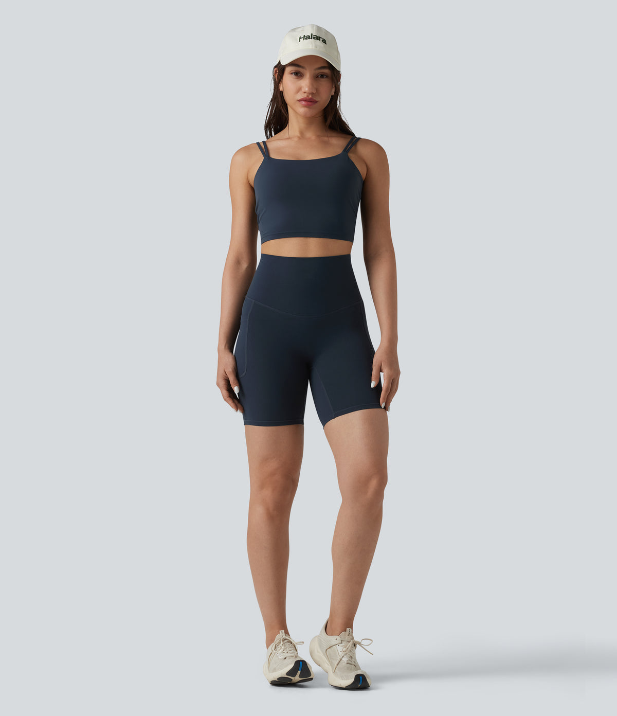 High Waisted Tummy Control Crossover Back Running Biker Shorts 7'' with Pockets — Carbon — view 7