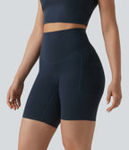 High Waisted Tummy Control Crossover Back Running Biker Shorts 7'' with Pockets — Carbon — view 4