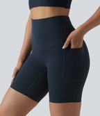 High Waisted Tummy Control Crossover Back Running Biker Shorts 7'' with Pockets — Carbon — view 6