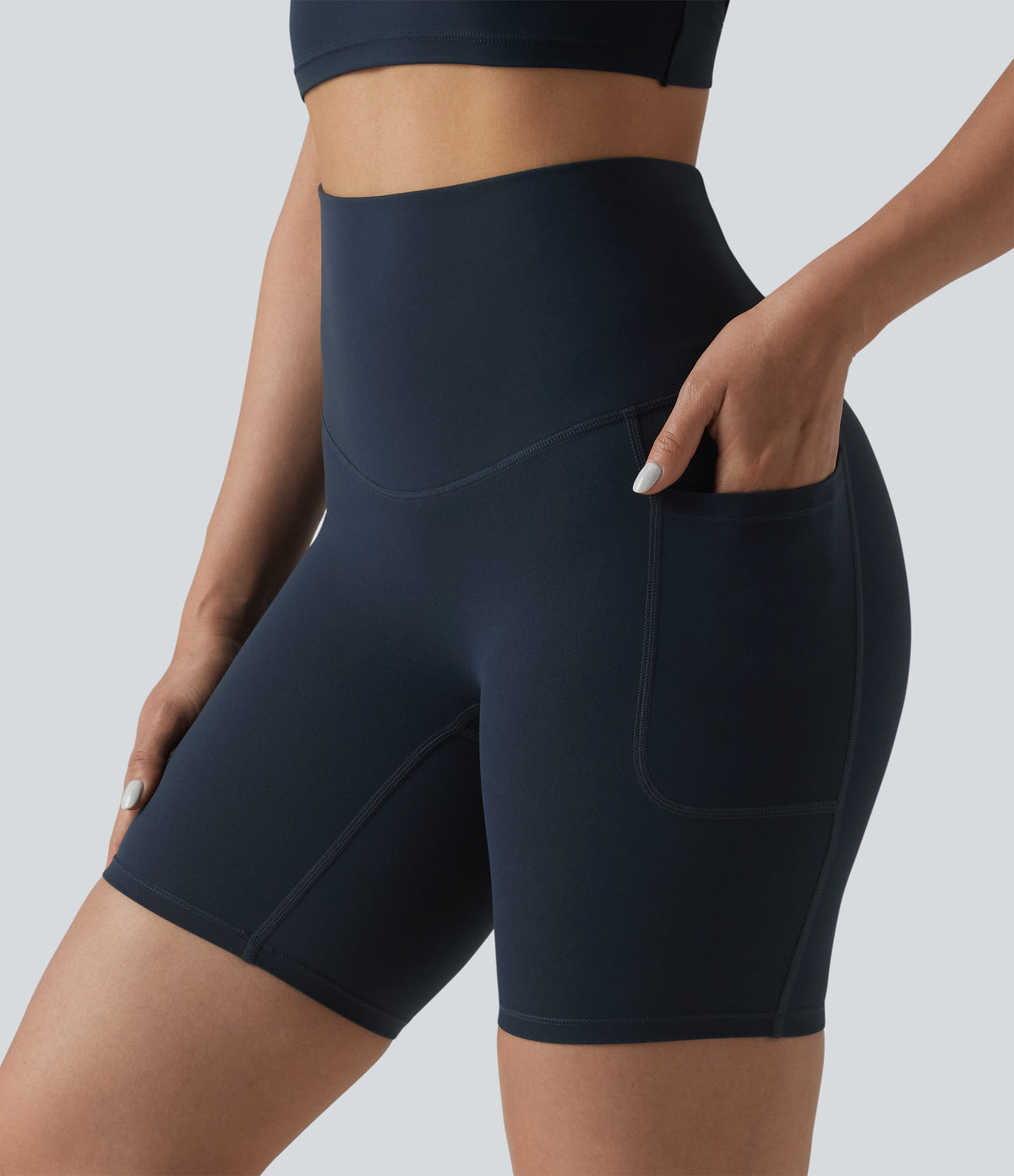 High Waisted Tummy Control Crossover Back Running Biker Shorts 7'' with Pockets — Carbon — view 6