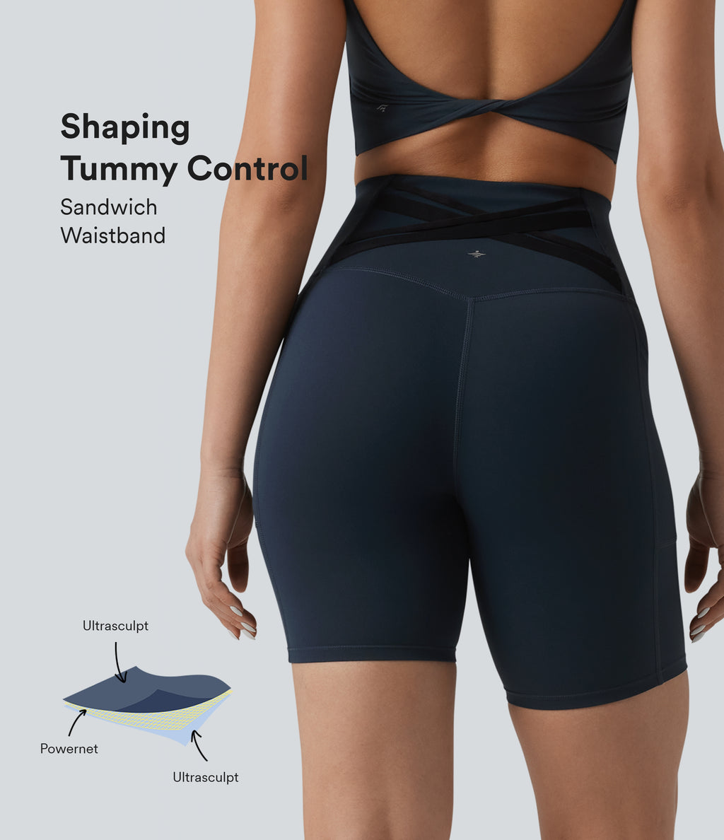 High Waisted Tummy Control Crossover Back Running Biker Shorts 7'' with Pockets — Carbon — view 1