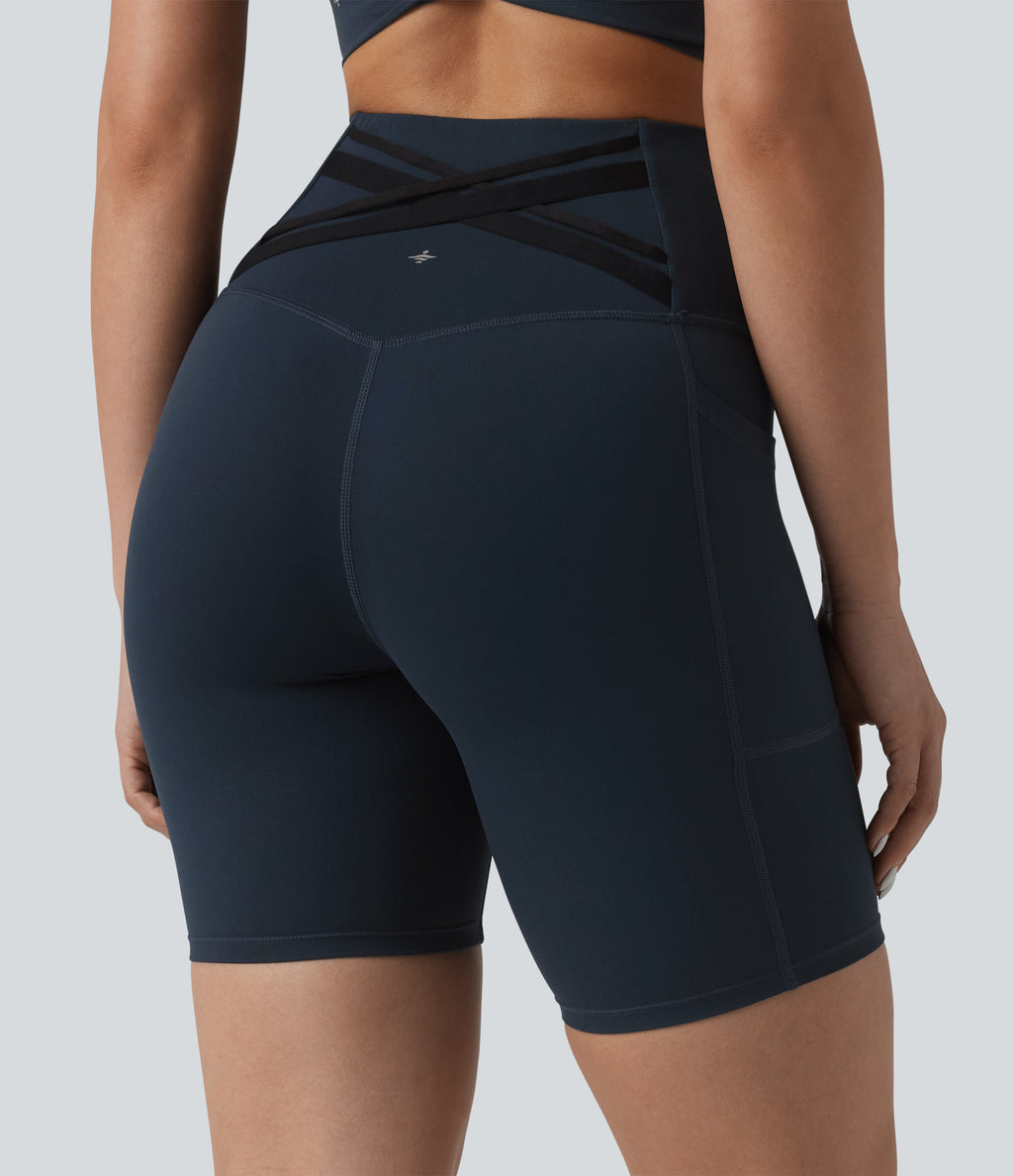 High Waisted Tummy Control Crossover Back Running Biker Shorts 7'' with Pockets — Carbon — view 5
