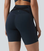 High Waisted Tummy Control Crossover Back Running Biker Shorts 7'' with Pockets — Carbon — view 5