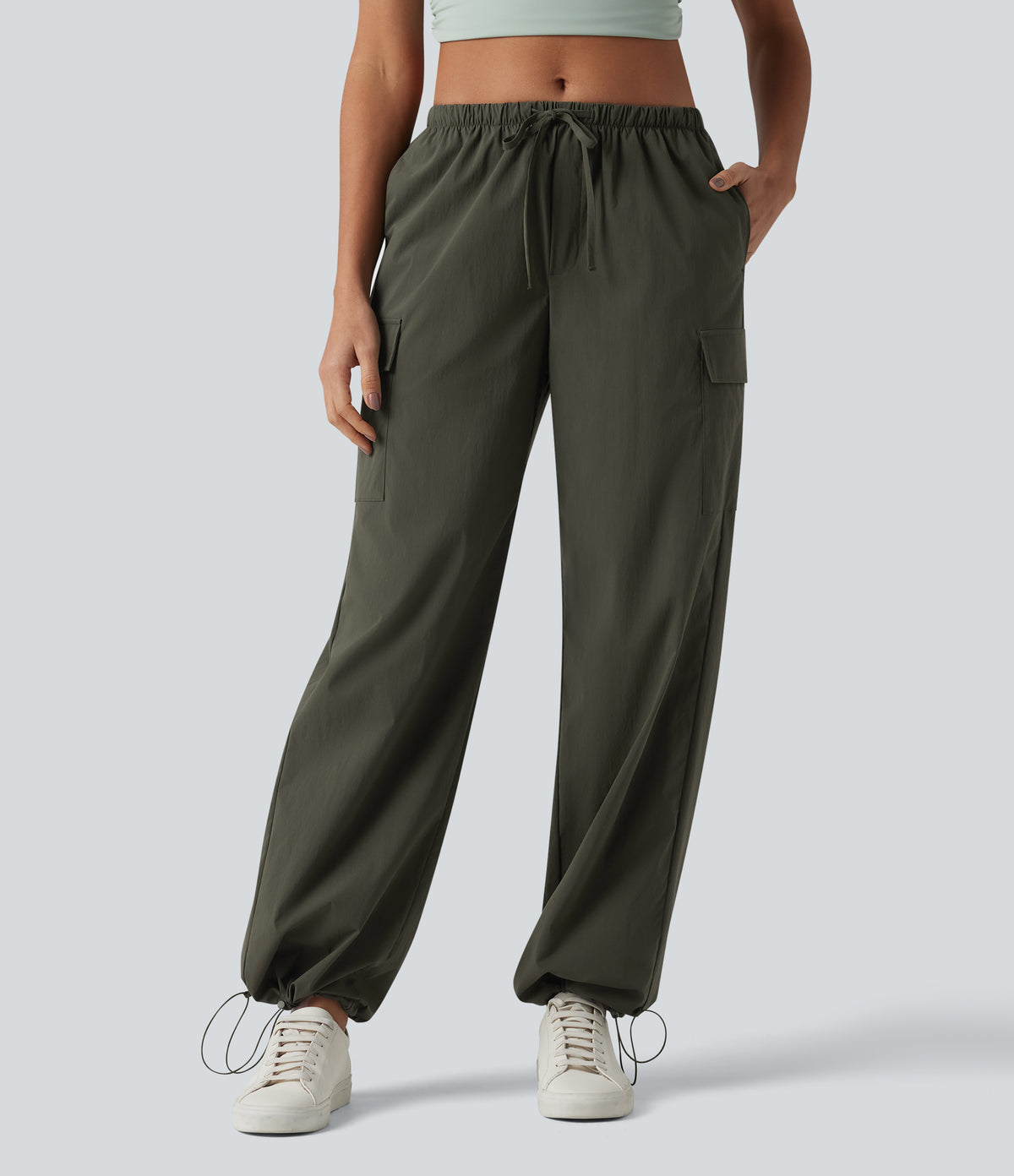 Mid Rise Drawstring Straight Leg Casual Cargo Trousers with Pockets — Forest Night — view 4