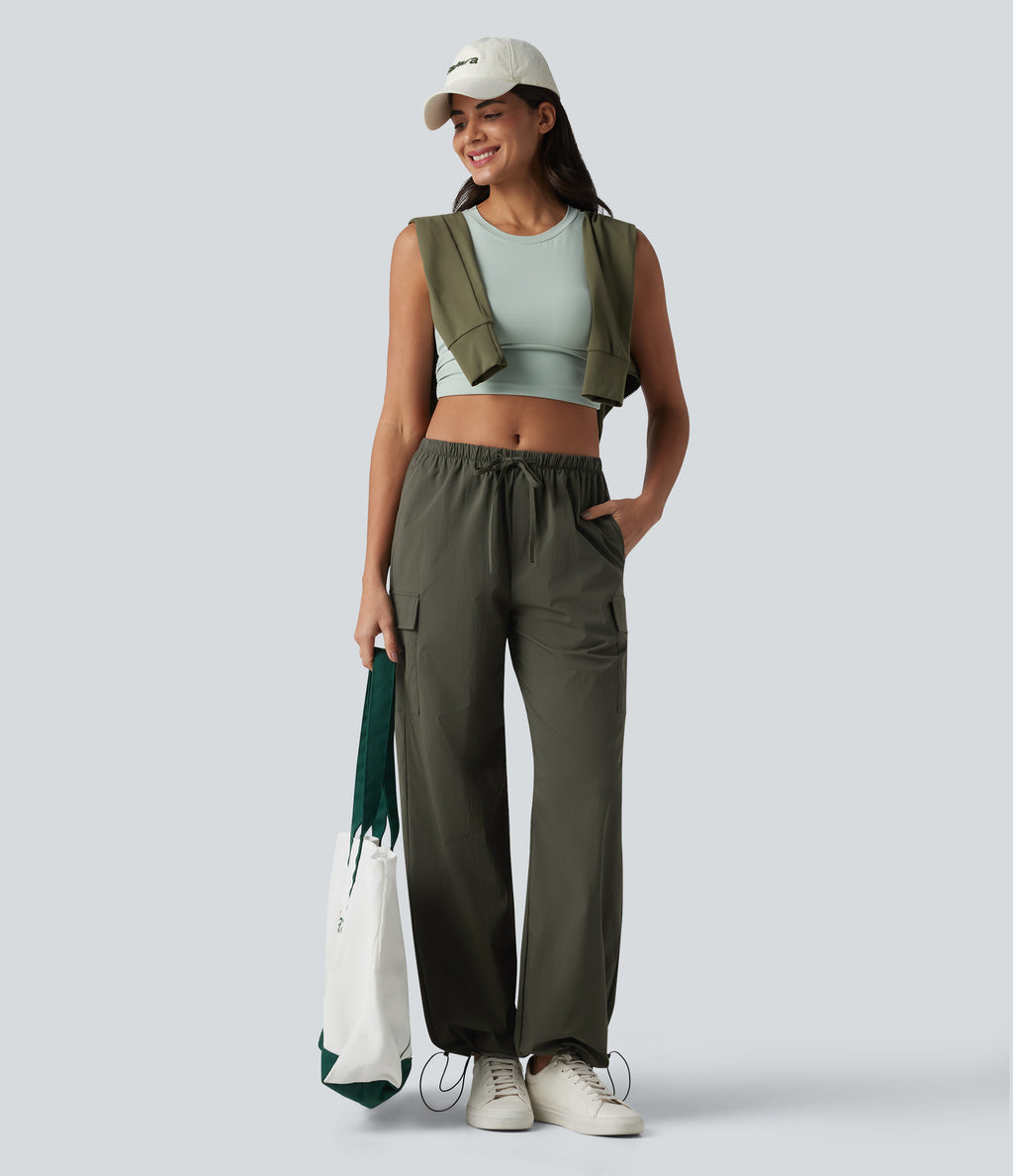 Mid Rise Drawstring Straight Leg Casual Cargo Trousers with Pockets — Forest Night — view 8