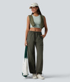 Mid Rise Drawstring Straight Leg Casual Cargo Trousers with Pockets — Forest Night — view 8