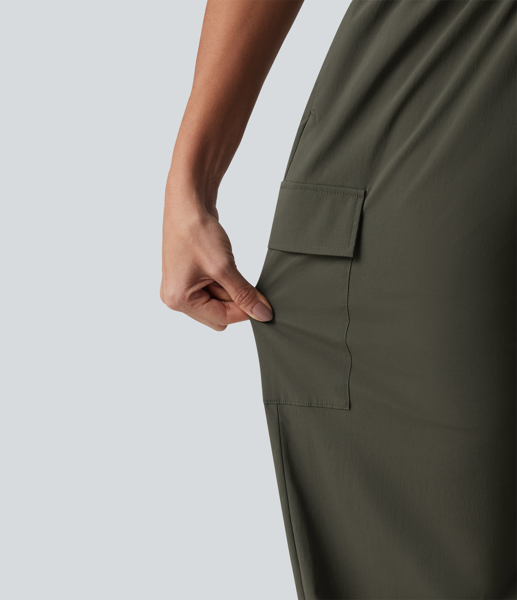 Mid Rise Drawstring Straight Leg Casual Cargo Trousers with Pockets — Forest Night — view 6