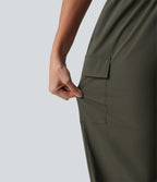 Mid Rise Drawstring Straight Leg Casual Cargo Trousers with Pockets — Forest Night — view 6